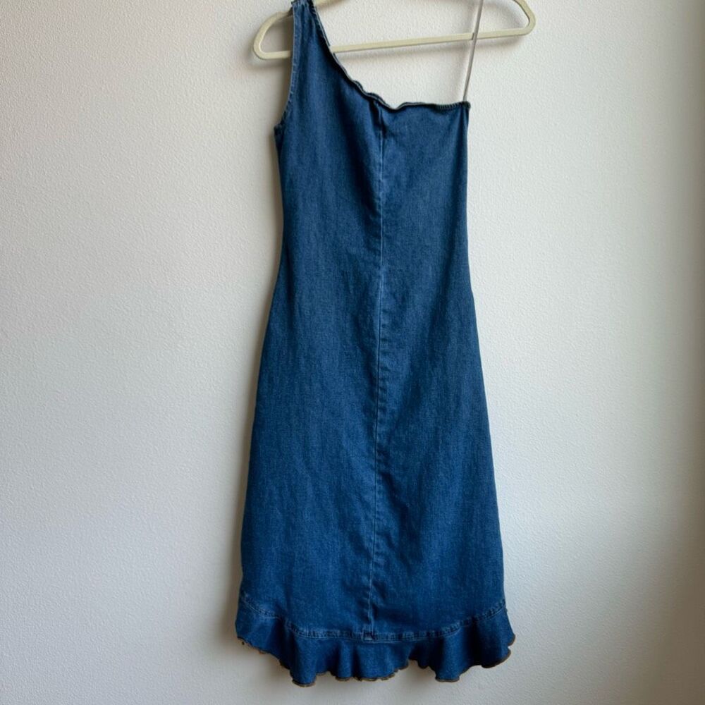 Vintage One Shoulder Denim Blue Ruffle Mini Dress Y2K 2000’s Size Small Made USA - Picture 5 of 7